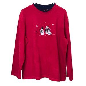 VTG Festive Snowmen Winter Fleece Sweatshirt XL Pullover Mockneck Top Red Black
